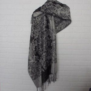 Authentic Pashmina Light Dark Grey with Gold Metallic and Floral Pattern